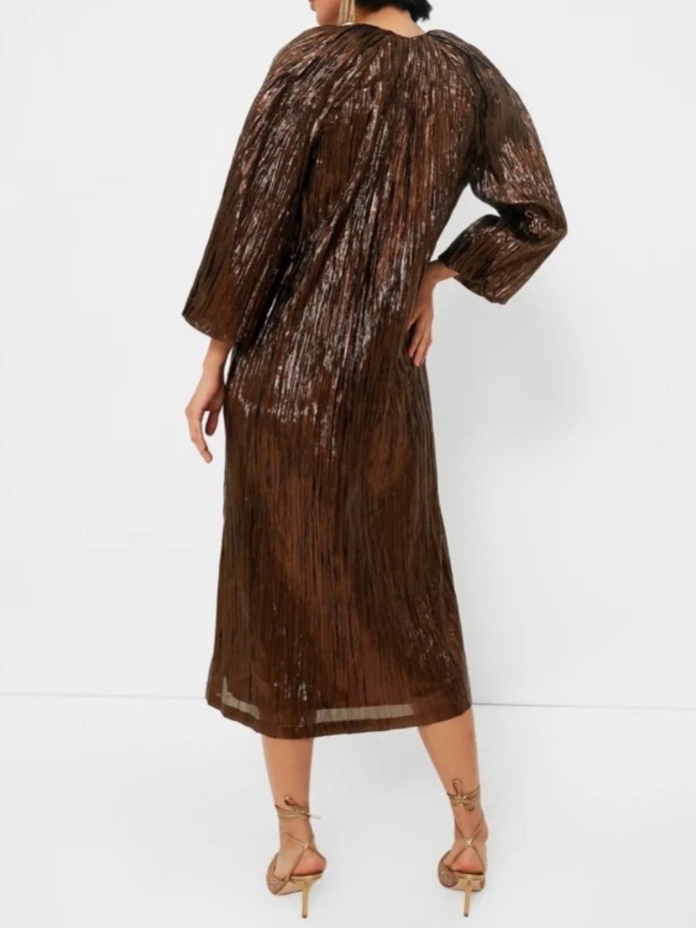 Tuckernuck Metallic Brown Pleated Midi Dress with Balloon Sleeves - Picture 3 of 9